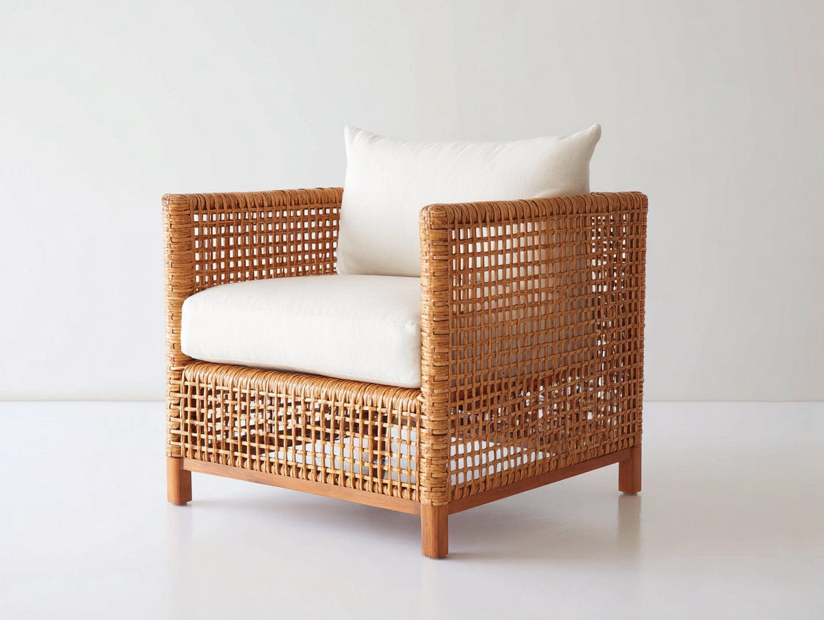 Poltrona da giardino - Fibra intrecciata-Legno-Tessuto - 82 x 78 x 84 cm - Marrone naturale-Crema - Stile arioso contemporaneo