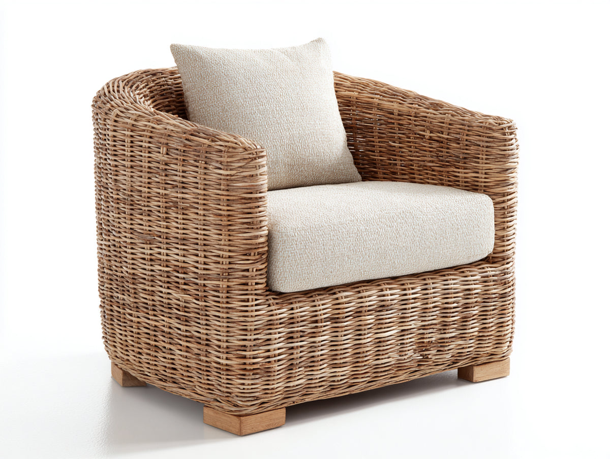 Poltrona da giardino - Fibra intrecciata-Legno-Tessuto - 90 x 87 x 83 cm - Marrone naturale-Beige chiaro - Stile organico contemporaneo