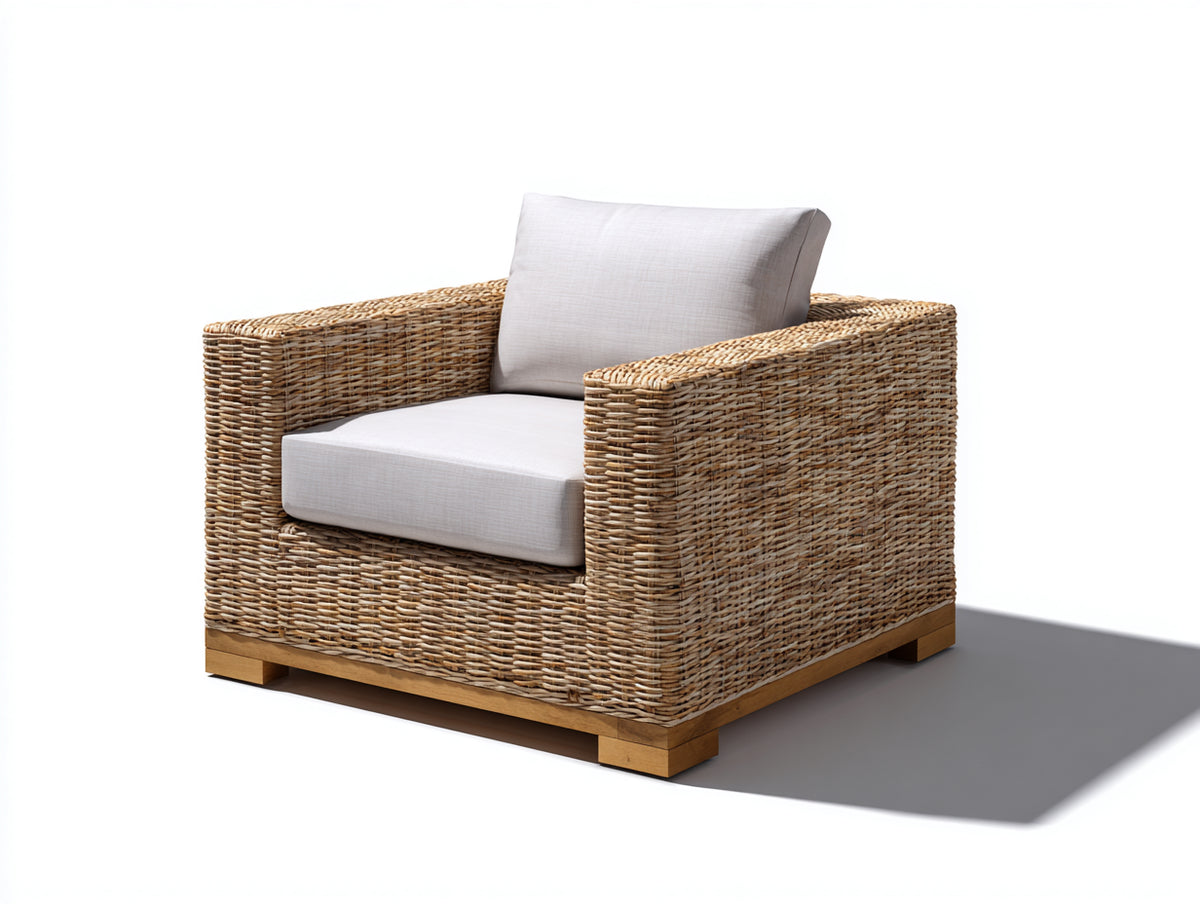 Poltrona da giardino - Fibra intrecciata-Legno-Tessuto - 93 x 89 x 83 cm - Beige naturale-Grigio chiaro - Stile moderno