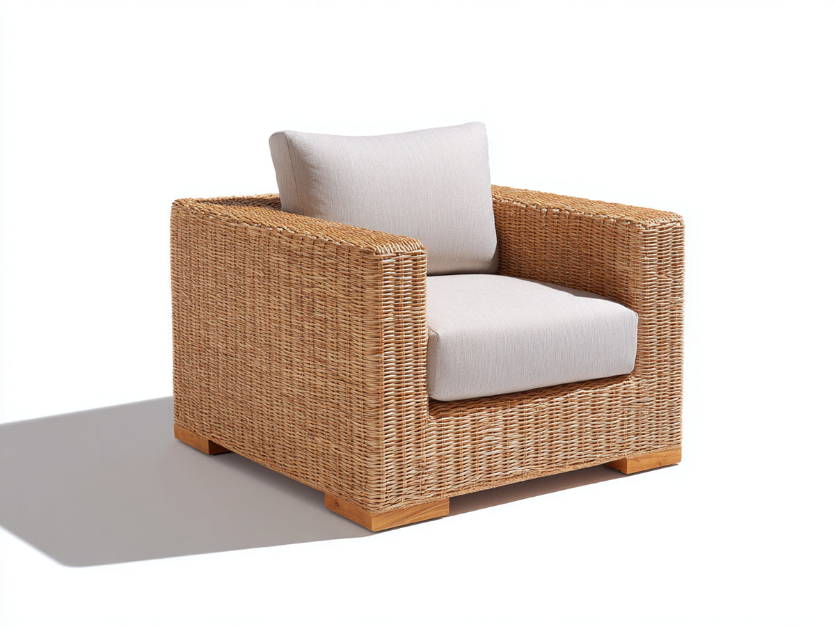 Poltrona da giardino - Fibra intrecciata-Legno-Tessuto - 91 x 88 x 82 cm - Marrone naturale-Beige chiaro - Stile contemporaneo