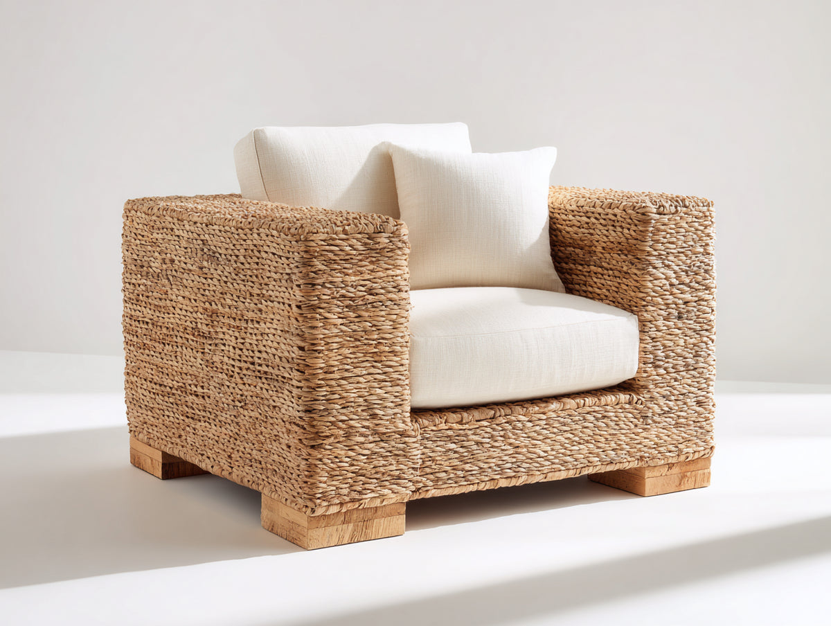 Poltrona da giardino - Fibra intrecciata-Legno-Tessuto - 95 x 91 x 84 cm - Marrone naturale-Crema - Stile naturale contemporaneo