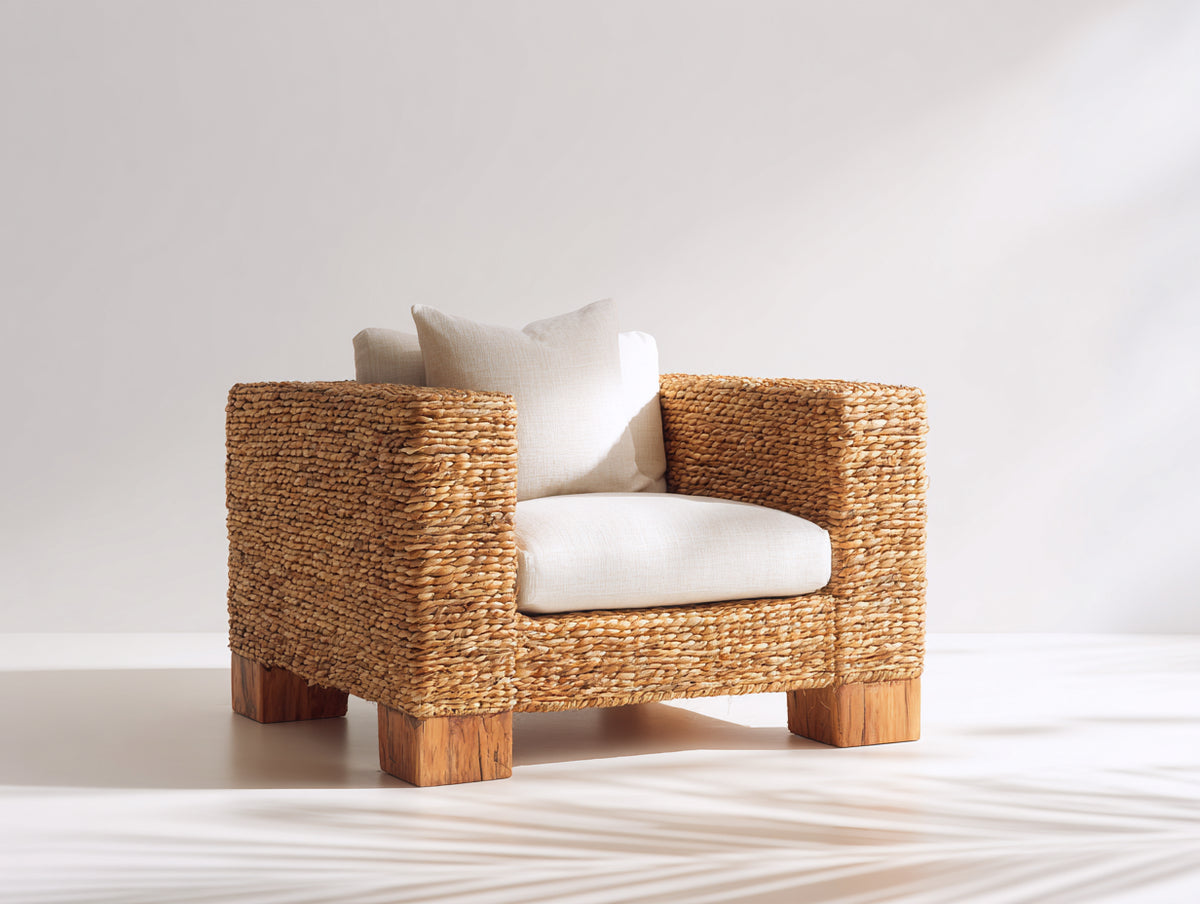 Poltrona da giardino - Fibra intrecciata-Legno-Tessuto - 94 x 90 x 82 cm - Marrone naturale-Crema - Stile rustico contemporaneo