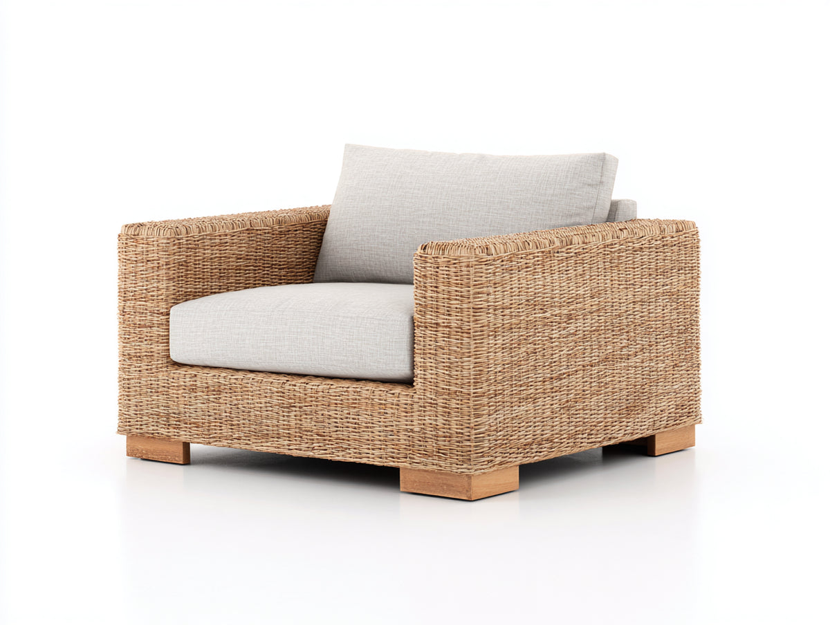 Poltrona da giardino - Fibra intrecciata-Legno-Tessuto - 93 x 89 x 82 cm - Marrone naturale-Grigio chiaro - Stile moderno
