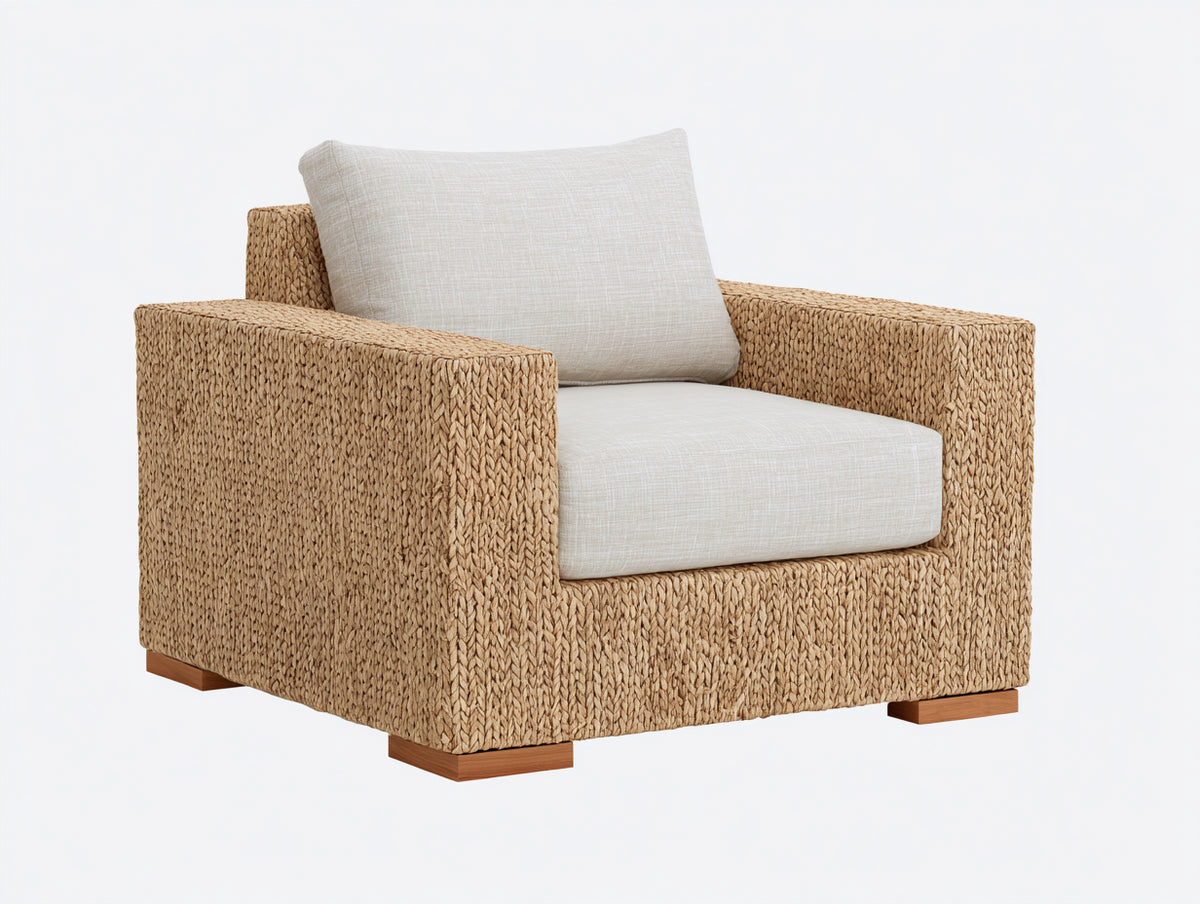 Poltrona da giardino - Fibra intrecciata-Legno-Tessuto - 92 x 88 x 84 cm - Beige naturale-Crema - Stile contemporaneo