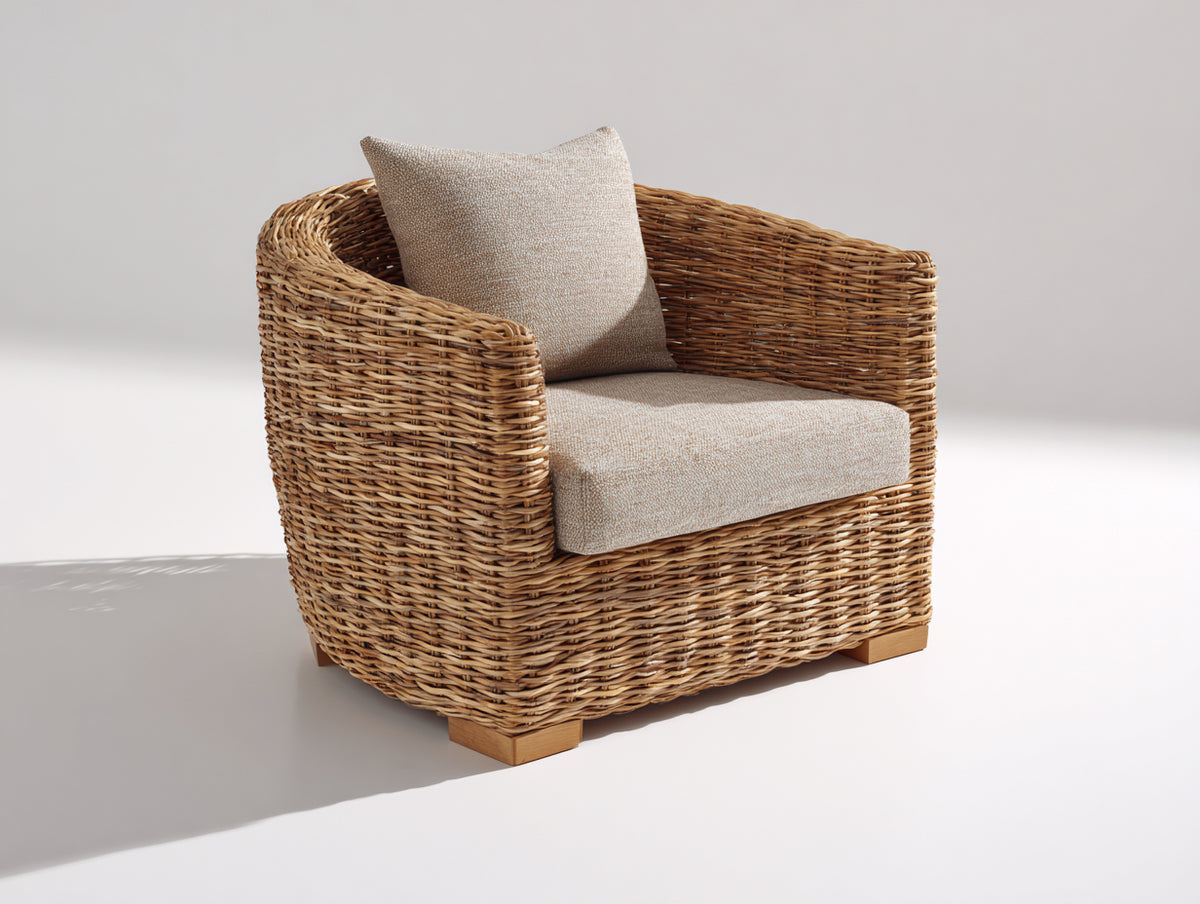 Poltrona da giardino - Fibra intrecciata-Legno-Tessuto - 89 x 86 x 82 cm - Marrone naturale-Beige - Stile organico contemporaneo