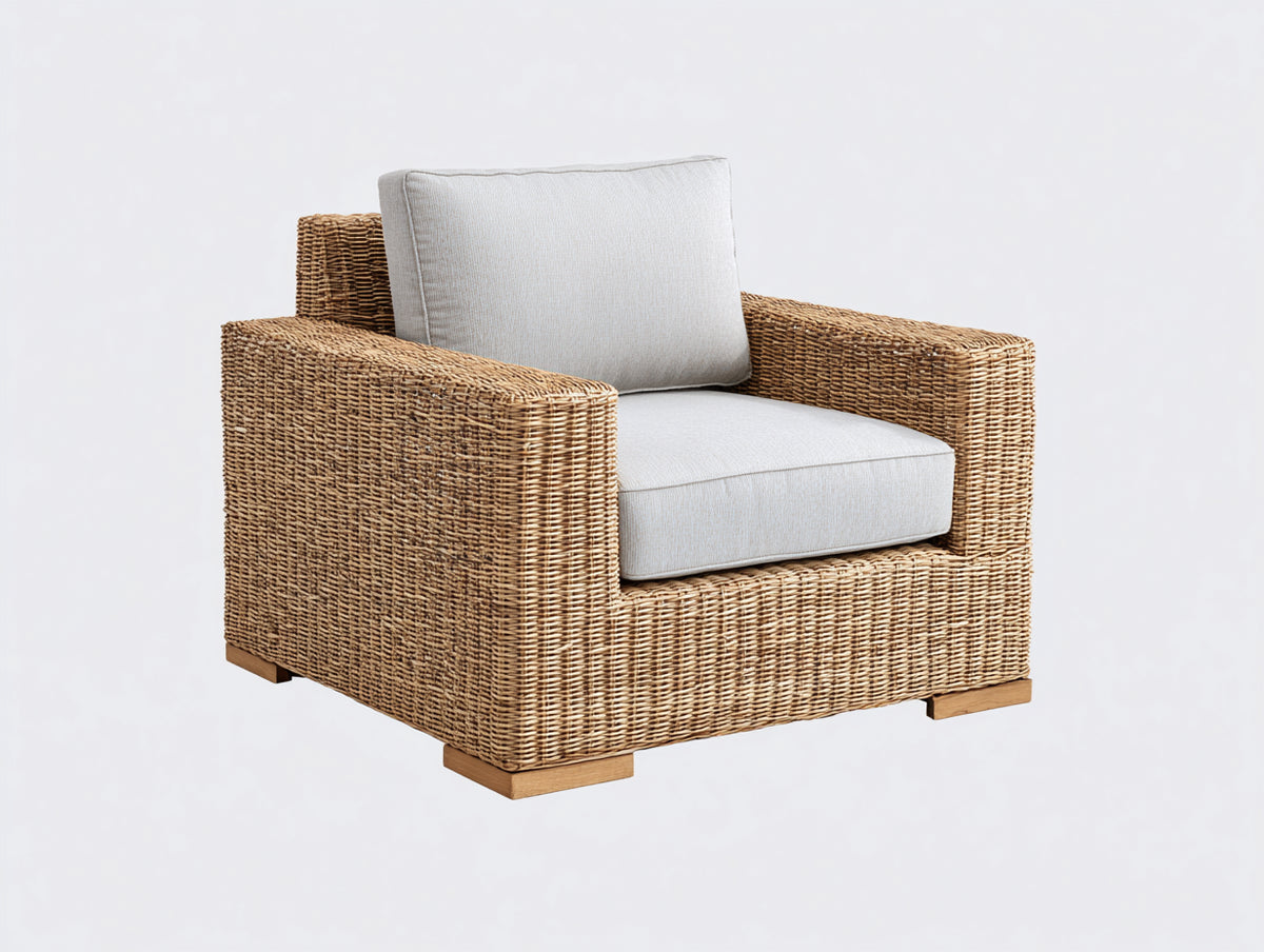 Poltrona da giardino - Materiale intrecciato-Tessuto - 95 x 90 x 85 cm - Marrone naturale-Grigio chiaro - Stile moderno