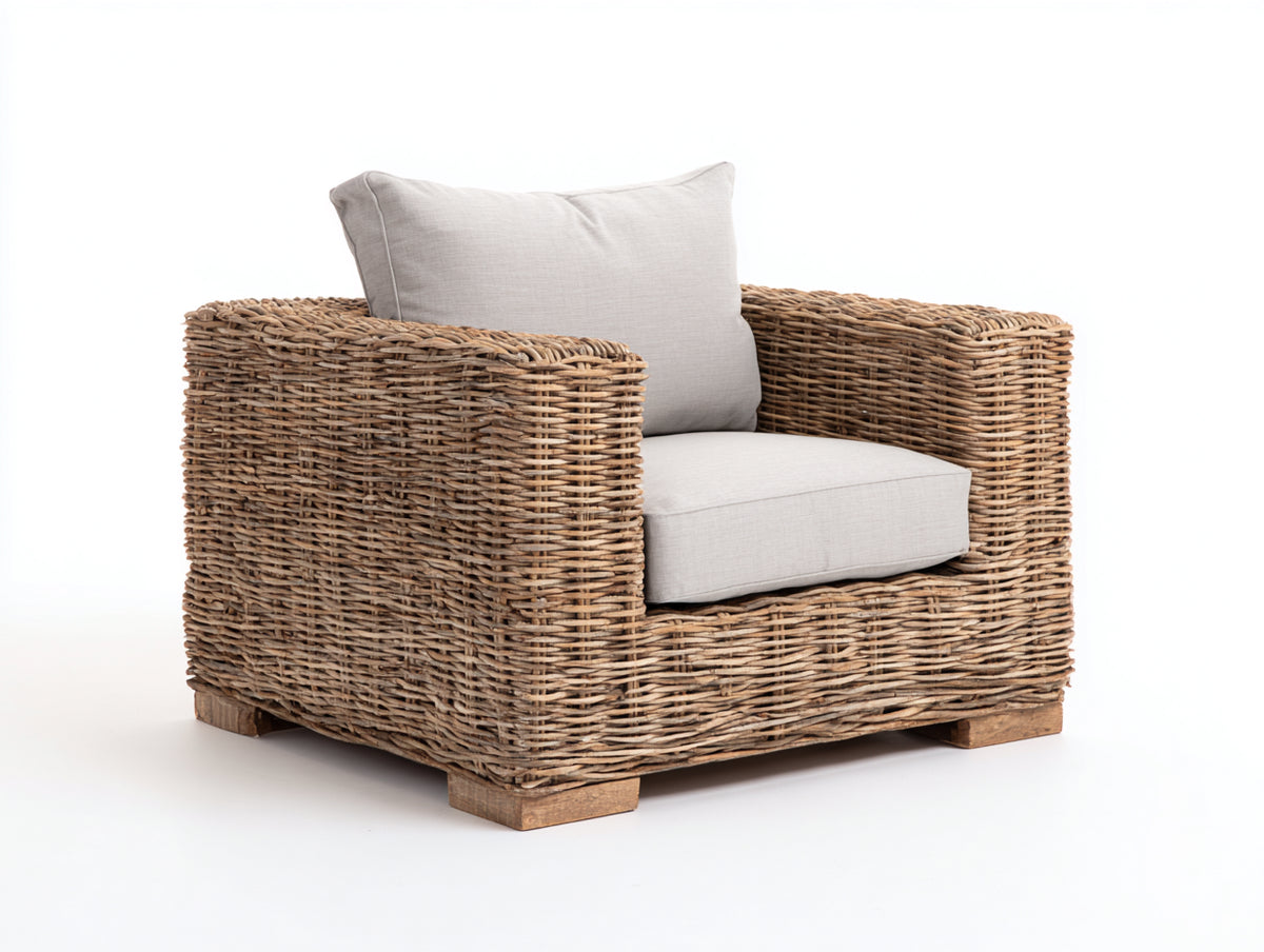 Poltrona da giardino - Fibra intrecciata-Legno-Tessuto - 96 x 92 x 84 cm - Marrone naturale-Beige chiaro - Stile rustico contemporaneo