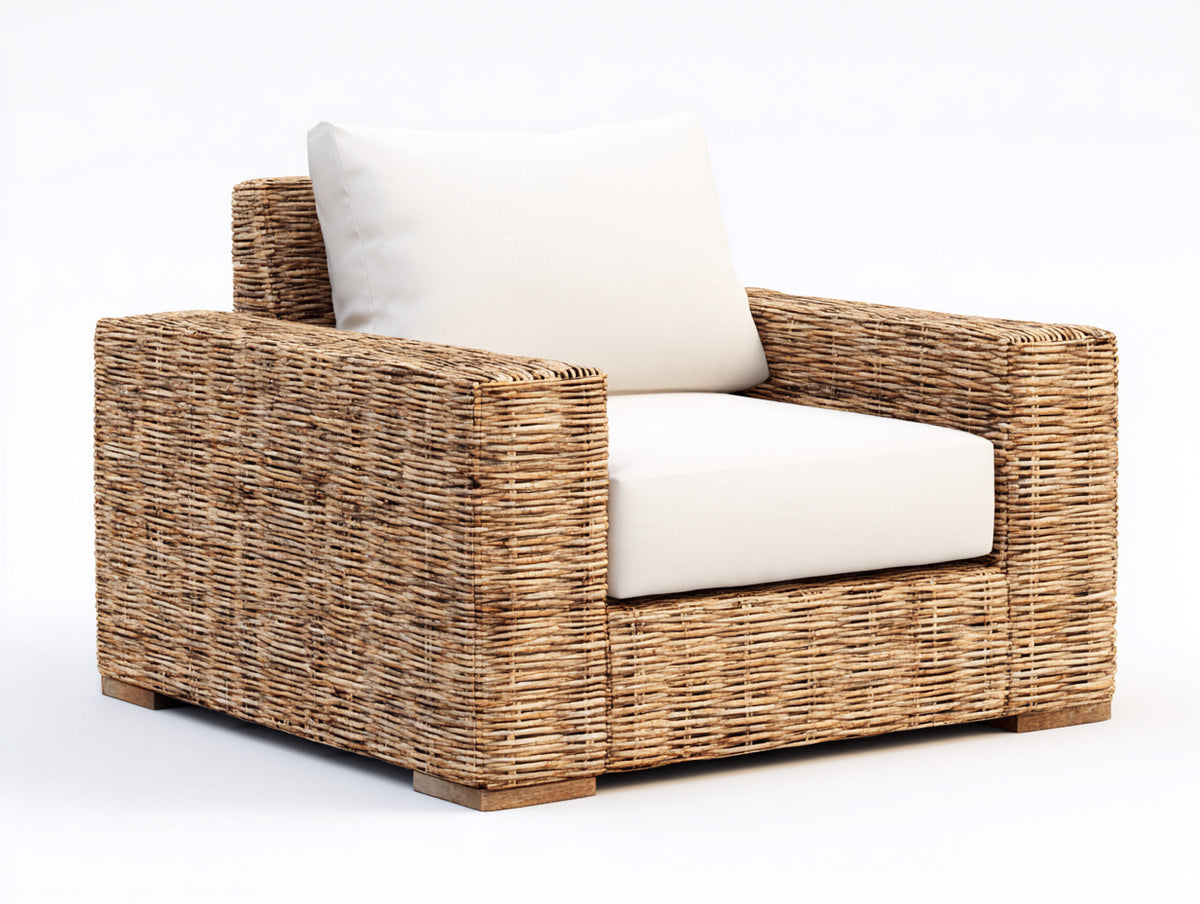 Poltrona da giardino - Fibra intrecciata-Legno-Tessuto - 95 x 91 x 84 cm - Marrone naturale-Bianco avorio - Stile contemporaneo