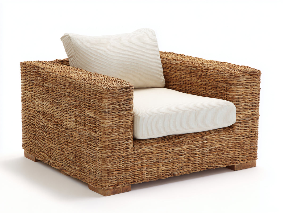 Poltrona da giardino - Fibra intrecciata-Legno-Tessuto - 97 x 93 x 84 cm - Marrone naturale-Avorio - Stile rustico contemporaneo